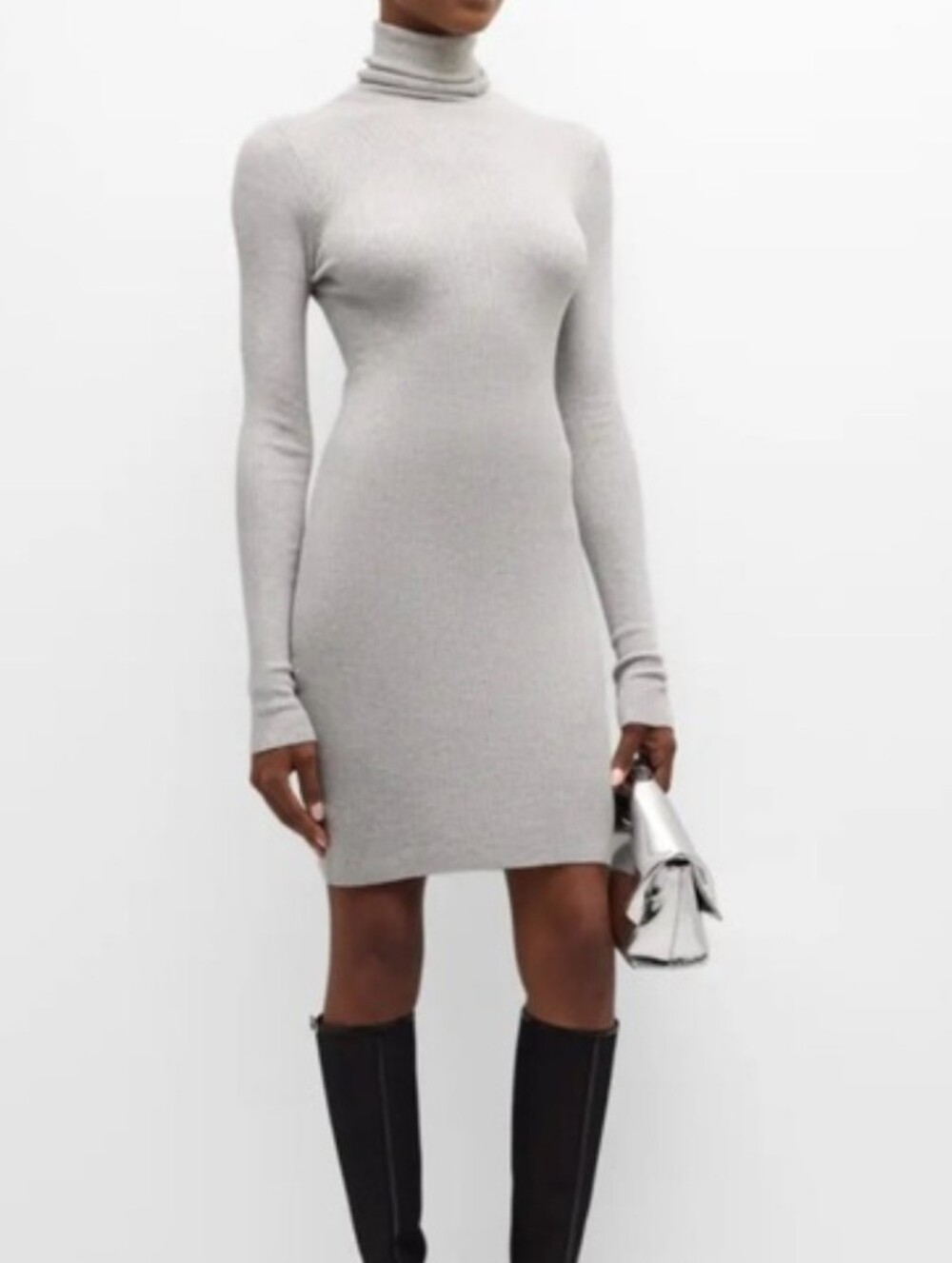 Eanza Costa Slim Fit Long Sleeve Turtleneck Dress Light Gray Sz XL Quiet Luxury
